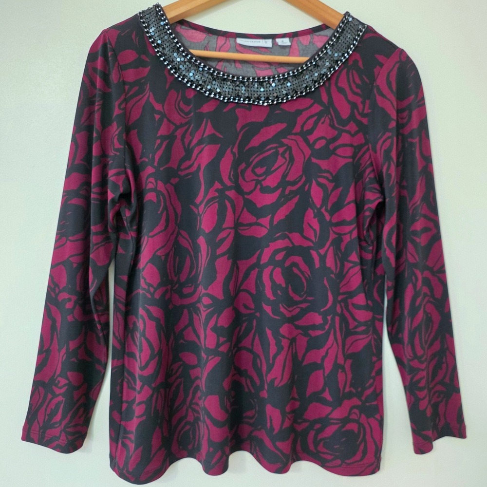 Susan Graver Liquid Knit Embellished Top Sz M Dark Floral Chain Stretch Blouse‎